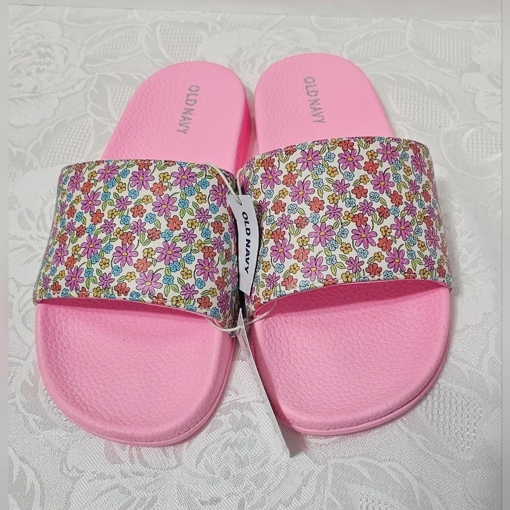 Old Navy Flower Printed Slide Sandals Girls Barbiecore 3Y-4Y
